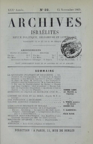 Archives israélites de France. Vol.30 N°22 (15 nov. 1869)